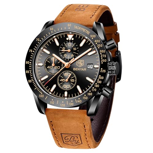 BY BENYAR (ベニヤー)製 腕時計 メンズ クロノグラフ メンズウォッチ アナログ クォーツ ムーブメント クラシック スタイリッシュ スポーツ デザイナー ファッション カジュアル 腕時計 30m 防水 日付 エレガント ギフト 男性用, ブラック(Black Black)